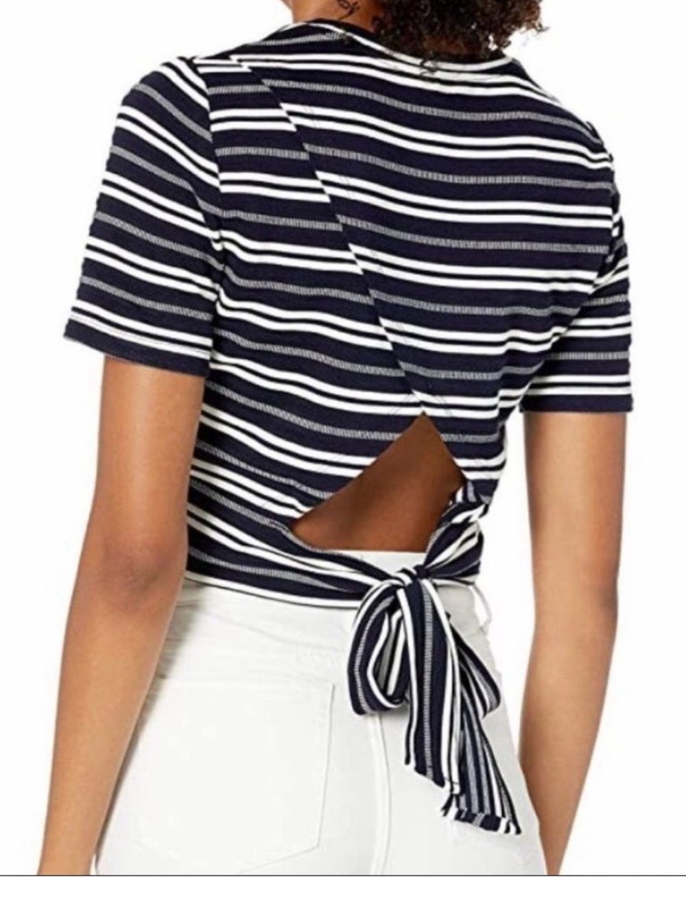 Club Monaco Navy & White Striped Knit Crop Tee